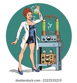 Evil scientist woman making chemical experiment, holding a flask with a green substance. Laboratory equipment in the background. Retro style vector illustration