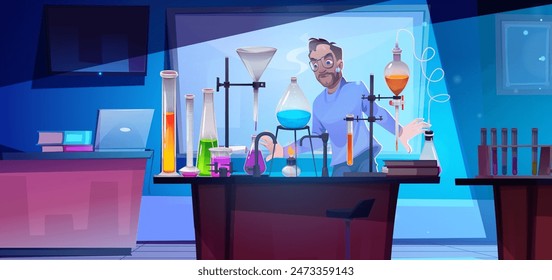 Evil scientist working in laboratory. Vector cartoon illustration of mad scientist making chemical experiment, colorful liquid in glass tubes, flasks and bottles on rack, producing toxic substance