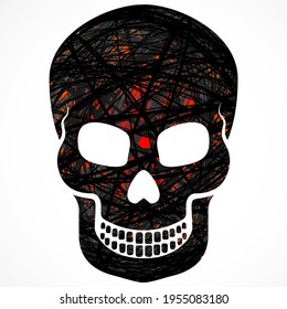 Evil scribbled skull with an inner glow. Halloween vector illustration. Creepy harbinger of death for grunge or punk rock clothing design. Abstract devilish skull sketch for posters and covers.