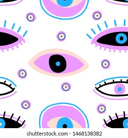 Evil Seeing eye symbol naive pattern. Occult mystic emblem, graphic design tattoo. Esoteric sign alchemy, decorative style, providence sight. Vector illustration.