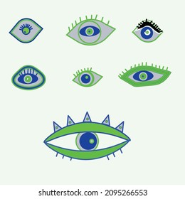 Evil Seeing eye symbol naive set. Occult mystic emblem, graphic design tattoo. Esoteric sign alchemy, decorative style, providence sight. Vector illustration.