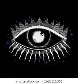 Evil Seeing eye symbol. Occult mystic emblem, graphic design tattoo. Esoteric sign alchemy, decorative style, providence sight. Vector illustration.