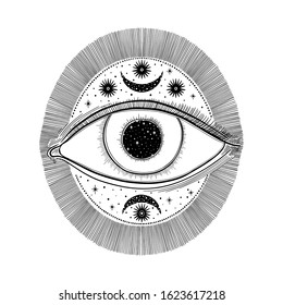 Evil Seeing eye symbol. Occult mystic emblem, graphic design tattoo. Esoteric sign alchemy, decorative style, providence sight. Vector illustration.