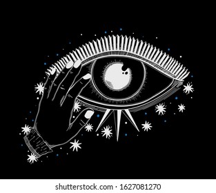 Evil Seeing eye symbol. Occult mystic emblem, graphic design tattoo. Esoteric sign alchemy, decorative style, providence sight. Vector illustration.