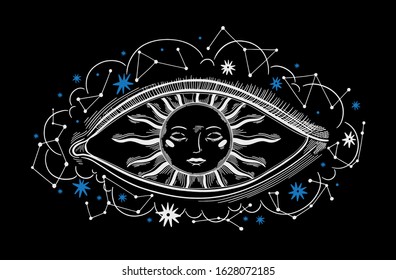 Evil Seeing eye symbol. Occult mystic emblem, graphic design tattoo. Esoteric sign alchemy, decorative style, providence sight. Vector illustration.