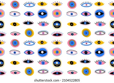 Evil Seeing eye symbol seamless pattern. Occult mystic emblem, graphic design tattoo. Esoteric sign alchemy, decorative style, providence sight. Vector illustration.