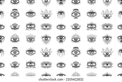 Evil Seeing eye symbol seamless pattern. Occult mystic emblem, graphic design tattoo. Esoteric sign alchemy, decorative style, providence sight. Vector illustration.