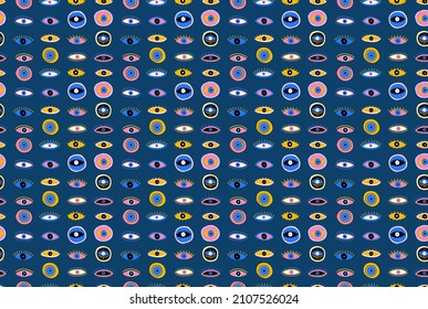 Evil Seeing eye symbol seamless pattern. Occult mystic emblem, graphic design tattoo. Esoteric sign alchemy, decorative style, providence sight. Vector illustration.