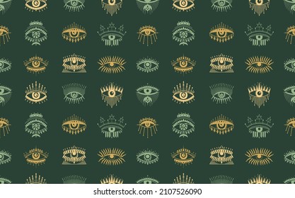 Evil Seeing eye symbol seamless pattern. Occult mystic emblem, graphic design tattoo. Esoteric sign alchemy, decorative style, providence sight. Vector illustration.