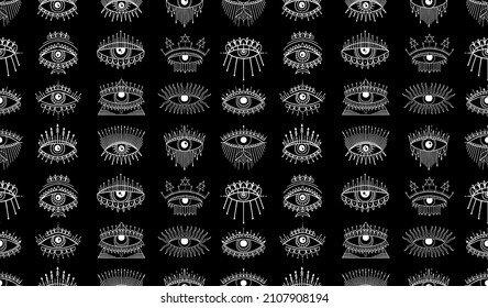 Evil Seeing eye symbol seamless pattern. Occult mystic emblem, graphic design tattoo. Esoteric sign alchemy, decorative style, providence sight. Vector illustration.