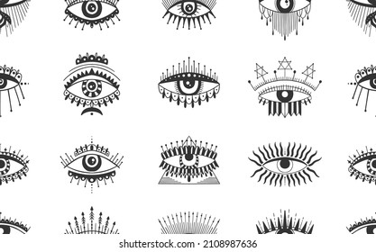 Evil Seeing eye symbol seamless pattern. Occult mystic emblem, graphic design tattoo. Esoteric sign alchemy, decorative style, providence sight. Vector illustration.