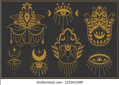 Evil Seeing eye symbol set. Occult mystic hamsa emblem, graphic design tattoo. Esoteric sign alchemy, decorative style, providence sight. Vector illustration.