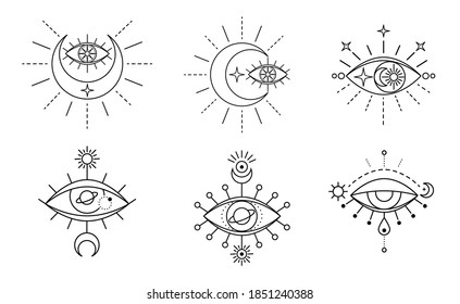 Evil seeing eye symbol set. Occult mystic emblem, graphic design tattoo. Esoteric sign alchemy, celestial bodies, providence sight, Vector eye boho design. Outline eyes symbols with moon, stars