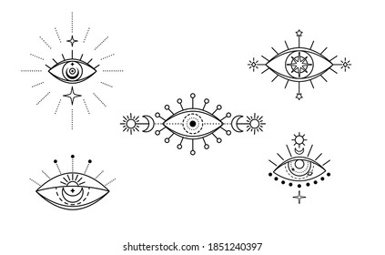 Evil seeing eye symbol set. Occult mystic emblem, graphic design tattoo. Esoteric sign alchemy, celestial bodies, providence sight, Vector eye boho design. Outline eyes symbols with moon, stars