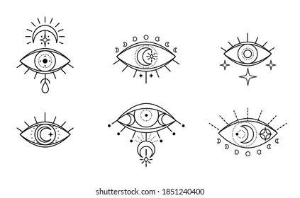 Evil seeing eye symbol set. Occult mystic emblem, graphic design tattoo. Esoteric sign alchemy, celestial bodies, providence sight, Vector eye boho design. Outline eyes symbols with moon, stars