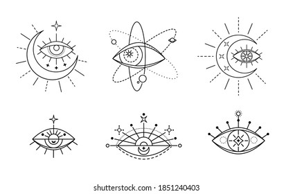 Evil seeing eye symbol set. Occult mystic emblem, graphic design tattoo. Esoteric sign alchemy, celestial bodies, providence sight, Vector eye boho design. Outline eyes symbols with moon, stars