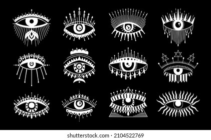 Evil Seeing eye symbol set. Occult mystic emblem, graphic design tattoo. Esoteric sign alchemy, decorative style, providence sight. Vector illustration.