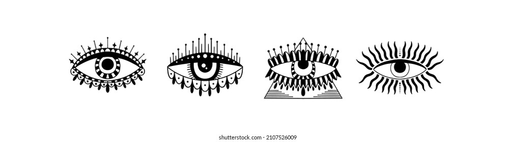 Böses Sehen Augensymbol gesetzt. Okkultes mystisches Emblem, Grafikdesign-Tattoo. Esoterische Zeichen Alchemie, dekorativer Stil, Vorsehung. Vektorgrafik.