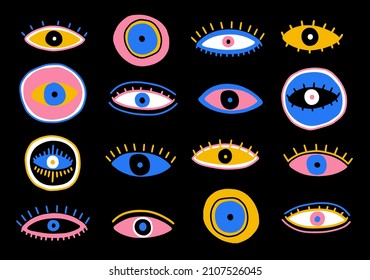 Evil Seeing eye symbol set. Occult mystic emblem, graphic design tattoo. Esoteric sign alchemy, decorative style, providence sight. Vector illustration.