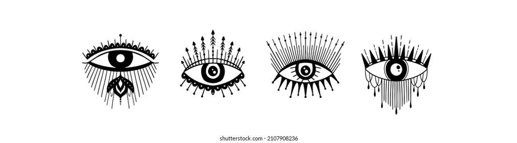 Evil Seeing eye symbol set. Occult mystic emblem, graphic design tattoo. Esoteric sign alchemy, decorative style, providence sight. Vector illustration.