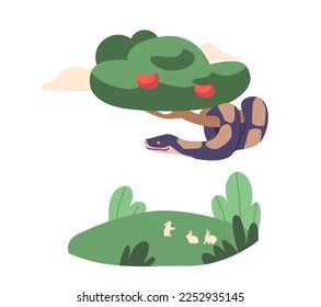 Evil Serpent on Forbidden Tree. Biblical Story Of Adam And Eve Lapse From Virtue. Lucifer In The Guise of Snake In Paradise Garden. Religious Series for from Bible Book. Cartoon Vector Illustration