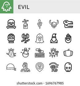 evil simple icons set. Contains such icons as Haunted house, Skull, Poison, Snake, Carnivorous plant, Executioner, Hamsa, Ghost, Keylogger, can be used for web, mobile and logo