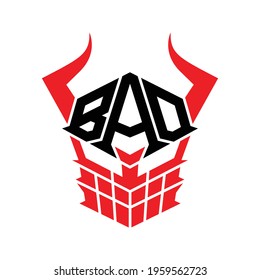 An evil skeletal warrior head that have an initial of BAD. You this design in your metal and rock theme layout, good to use as band logos.