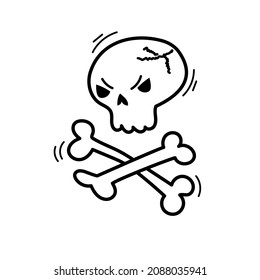 Evil skeleton skull with bones. Pirate emotion. Curse, rude, swear simbol for bad, negative expression. Vector illustration in hand drawn doodle sketch style. 