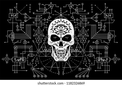 Evil skull against sacred black and white geometry background. Esoteric, occult and Halloween concept, mystic vector illustrations for music album, book cover, t-shirts
