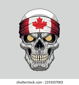 An evil skull in a bandana. Bandana in the style of the Canadian flag. Highly detailed vector illustration.