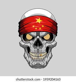 Evil skull in a bandana. Bandana in the style of the China flag. Highly detailed vector illustration.