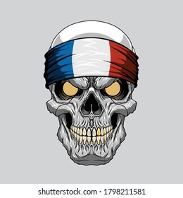 Evil skull in a bandana. Bandana in the style of the France flag. Highly detailed vector illustration.