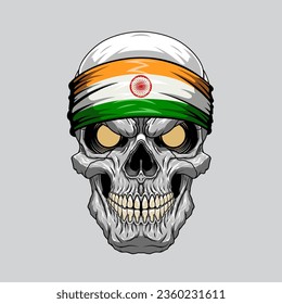 Evil skull in a bandana. Bandana in the style of the Indian flag. Highly detailed vector illustration.