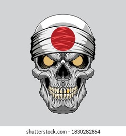 Evil skull in a bandana. Bandana in the style of the Japan flag. Highly detailed vector illustration.