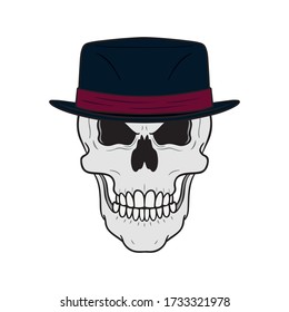 evil skull with black hat and red ribbon. gray, isolated, cartoon, white background.