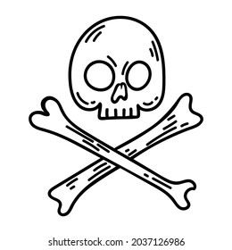 Evil skull and bones for Halloween. Scary skeleton. Doodle symbol of holiday horror drawn by line. Black outline vector element. The remains of a dead person from the grave. Day of the Spirits.