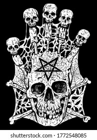 Evil skull with crossbones and pentagram. Esoteric, occult and gothic vector illustration with symbols of death, Halloween mystic background, engraved outline drawing, tattoo vintage print.