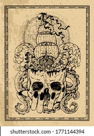 Evil skull with crossbones and pentagram in frame. Esoteric, occult and gothic vector illustration with symbols of death, Halloween mystic background, engraved outline drawing, tattoo vintage print