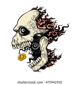 Evil skull in fire hand draw vector cartoon illustration 