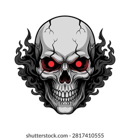 Evil Skull with Glowing Red Eyes and Black Smoke Illustration