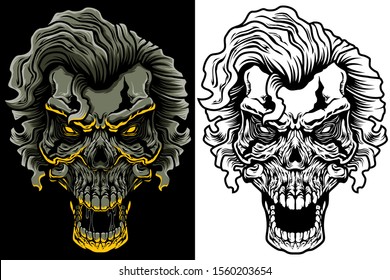 Evil skull with hair. Dead man furious face vector badge, patch, sticker. Angry person, demon head black ink and color tattoo design. Scary hand drawn sticker isolated on black background.