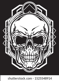 evil skull holding two swords black and white with sacred geometry background for tshirt design