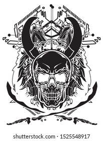 evil skull holding two swords black and white with sacred geometry background for tshirt design