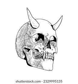 Evil skull with horns. Vector sketch. Isolated on white. Hand-drawn style.