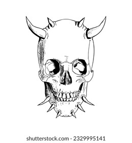 Evil skull with horns. Vector sketch. Isolated on white. Hand-drawn style.