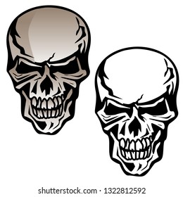 Evil skull isolated vector illustration in color and black line drawing versions