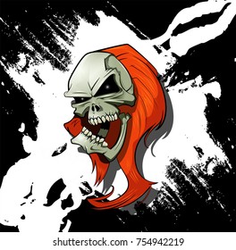 Evil skull with long hair and scratches on background. Horror concept illustration. Vector cartoon