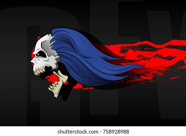 Evil skull with long hair and scratches on background. Horror concept illustration. Vector cartoon