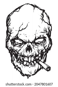 evil skull looks slyly and smokes a cigarette vector illustration