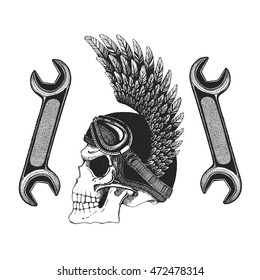 Evil skull with spanners Hand drawn vector icon